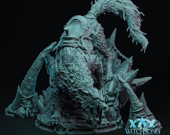 May include: A gray, detailed miniature sculpture of a wolf wearing armor and standing on a rocky base. The wolf has a long, bushy tail and a fierce expression. The sculpture is labeled "Witchsong" at the bottom.