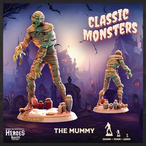 May include: A green and brown mummy figure with bandages, standing on a base with the text "The Mummy". The figure is 150mm tall, 75mm wide, and 32mm deep. The figure is part of a set of classic monsters.