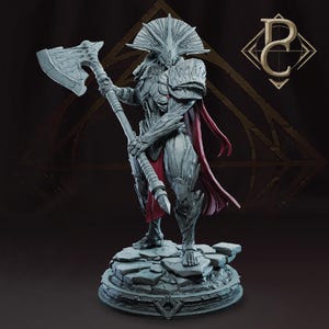May include: A detailed gray statue of a warrior figure holding a large axe. The figure is clad in ornate armor and a red cape. The statue stands on a rocky base, with a logo in the upper right corner.