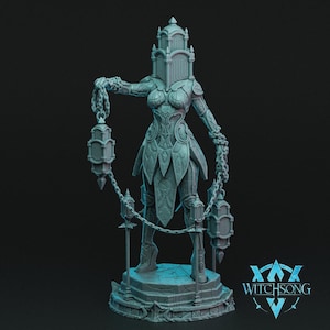 May include: A grey, detailed, 3D printed miniature of a female figure wearing armour and a tower-like helmet. She holds chains with lanterns attached to them. The base of the miniature is decorated with intricate details. The miniature is labelled "Witchsong".