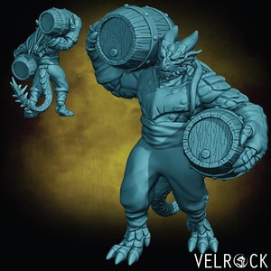 May include: A teal-colored fantasy figurine of a dragon-like creature carrying two wooden barrels. The figure is muscular, with a long tail and clawed feet. The barrels have metal bands. The Velrock logo is in the bottom right corner.