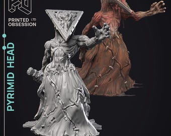 May include: Two detailed 3D-printed figures of Pyramid Head, one in gray and the other in reddish-brown. The gray figure holds a weapon and wears a long, flowing garment. The reddish-brown figure has a textured appearance. The text "PYRIMID HEAD" is visible.
