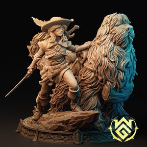 May include: A detailed figurine of a woman in a hat and period clothing, holding a sword, standing next to a large, furry creature. The sculpture is in shades of brown and tan, with intricate details. The base has a decorative border.