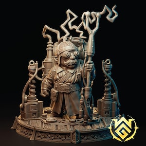May include: A detailed miniature figurine of a steampunk gnome wearing goggles and a long coat, holding a staff with electrical sparks. The gnome is standing on a circular base with intricate details.
