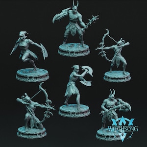 May include: Six miniature figures of warriors with various weapons, including a bow and arrow, a sword, and an axe. The figures are painted in a light gray color and are standing on circular bases. The figures are all in different poses, and some are holding their weapons in a threatening manner. The figures are all wearing armor and have a fierce expression on their faces. The figures are all part of a set of miniatures for a tabletop role-playing game.