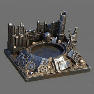Puede incluir: Base de diorama en miniatura detallada con un acabado metálico oscuro. Incluye un área circular empotrada, un muro de fortaleza, engranajes, calaveras y componentes de estilo industrial. Ideal para juegos de mesa.
