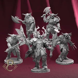 May include: Five grey miniature warrior figures, each armed with weapons such as axes and swords. The figures are on circular bases, with a logo in the lower left. The background is a deep red.