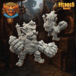 May include: Two gray miniature figures of gnomes with large mechanical fists and backpacks. The figures are from the "Heroes & Beasts" collection, with the "Sparkcrank Smiths" logo and the text "Gnomes Gone Mad" visible in the background.