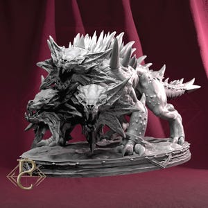 May include: A detailed, grey, multi-headed monster figurine with sharp teeth and spiky protrusions. The creature has multiple legs and is posed on a circular base. The design suggests a fantasy or tabletop gaming theme.