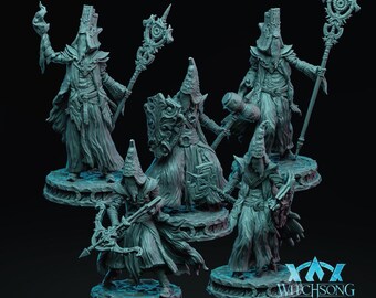 May include: Five miniature figures of hooded figures, each with a different weapon or accessory. The figures are painted in a light gray color and are standing on circular bases. The figures are part of a tabletop game or role-playing game.