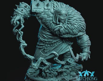 May include: A teal-colored miniature figurine of a cyclopean warrior wearing a feathered mantle, spiked shoulder armor, and bandages. The figure holds a curved blade and a swirling magical effect, standing on a base with the text Witchsong.