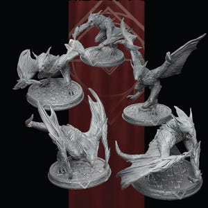 May include: Five grey fantasy creature figurines are displayed, each on a circular base. The creatures feature wings, claws, and sharp details, reminiscent of dragons or mythical beings. A burgundy banner forms the backdrop.