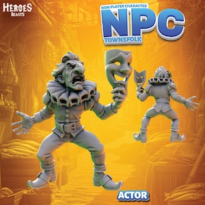 May include: Two gray figurines of actors, one holding a smiling mask and the other a smaller mask. The figurines are dressed in period clothing with ruffled collars and buckled shoes. The image includes the text "NPC Townfolk" and "Actor".