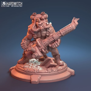 May include: A detailed miniature figurine of a grotesque, muscular figure wearing a gas mask and carrying a large, futuristic weapon. The figure is standing on a circular base with a textured surface.