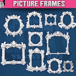May include: A collection of white picture frames in various shapes and sizes, including round, square, and arched designs. The frames feature ornate, decorative details and are displayed against a blue background. The text "PICTURE FRAMES" is at the top.