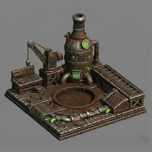 May include: A detailed, rusty metal steampunk-style structure with a central cylindrical tower, a crane, and a circular pit. Green glowing accents highlight various components. The overall design suggests a factory or industrial setting.