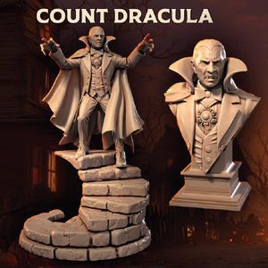 May include: Two sculptures of Count Dracula. One is a full figure standing on a stone staircase, arms outstretched. The other is a bust. Both are in a neutral color. The text "COUNT DRACULA" is at the top.