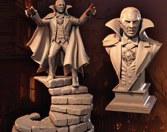 May include: Two sculptures of Count Dracula. One is a full figure standing on a stone staircase, arms outstretched. The other is a bust. Both are in a neutral color. The text "COUNT DRACULA" is at the top.