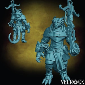 May include: A light blue fantasy figurine of a dragon-like humanoid warrior, holding a crossbow. The figure is detailed with armor, a tail, and a hooded cloak. The image includes a second figurine in the background. The Velrock logo is visible.