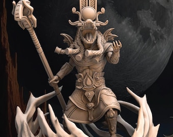 May include: A detailed, beige-colored figurine of a crocodile-headed deity with a staff and a menacing expression. The figurine is standing on a base with a bone-like design.
