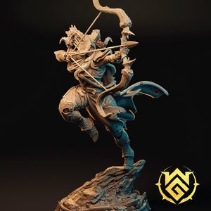 May include: A detailed figurine of an archer in action, poised to fire an arrow. The archer is clad in ornate armor and a flowing cape, standing on a rocky base. The bow is drawn, and the arrow is aimed. The color palette is primarily neutral with subtle blue accents.