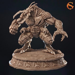 May include: A detailed, beige-colored figurine of a monstrous creature with a segmented body, sharp claws, and a cracked, stone-like texture. The figure stands on a decorative, circular base with ornate carvings. The logo of a stylized 'G' and 'S' is in the upper right corner.