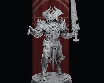 May include: A detailed gray figurine of a warrior in ornate armor, holding a large sword. The figure stands on a circular base with a geometric design. The background features a red banner with a white geometric pattern.