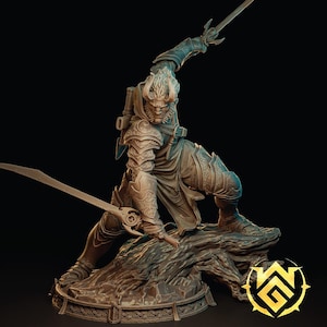 May include: A detailed, hand-painted miniature figurine of a warrior with horns, wearing armor and holding a sword. The figurine is posed in a dynamic stance, standing on a rocky base.