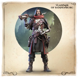 Puede incluir: Un hombre con un abrigo oscuro con capucha y una bufanda roja sostiene un arma y un frasco. Está de pie frente a un fondo circular con una ciudad en la distancia. El texto "VLADIMIR OF BANNENBURG" está en la parte superior de la imagen.