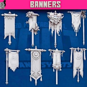 May include: A collection of white, ornate banners with various designs, including floral, skull, and geometric motifs. The word "Banners" is displayed in pink text at the top. These banners are likely for tabletop gaming or decorative purposes.