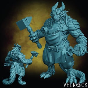 May include: A blue dragon-like creature wearing a blue apron and holding a hammer and pliers. The creature has a scaly body and a long tail.