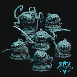May include: Six hand-painted, detailed, miniature pumpkin figurines with spooky faces. Each pumpkin is perched on a base with vines and leaves. The figurines are painted in a light gray color and have a textured finish. The text "WITCHSONG" is visible in the bottom right corner of the image.