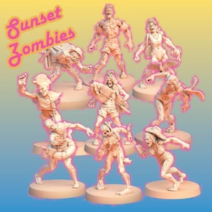 May include: A set of eight unpainted plastic figurines depicting zombies dressed in beach attire. The figurines are posed in various dynamic stances, with some holding surfboards, beach towels, and other beach-themed accessories. The figurines are part of a "Sunset Zombies" collection.
