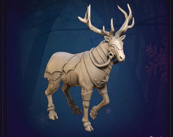 May include: A detailed sculpture of a stag with large antlers, wearing ornate armor and a decorative harness. The stag is a light beige color, set against a dark blue background. The sculpture has a fantasy theme.