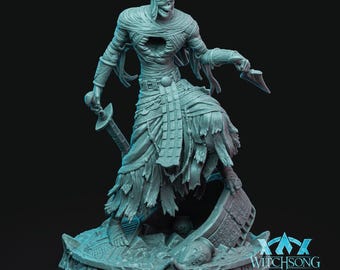 May include: A light blue-grey resin miniature figurine of a mummified warrior wrapped in tattered bandages, holding a sword in one hand and a dagger in the other, standing on a circular base with ancient stone carvings and the text WITCHSONG.