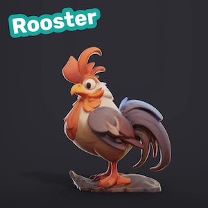 Puede incluir: Figura de gallo de estilo caricatura con una paleta de colores vibrantes. El gallo presenta una cresta y una barbilla rojas, un pico amarillo y una mezcla de plumas blancas, marrones y azules. La palabra "Rooster" está escrita encima de la figura en verde azulado.