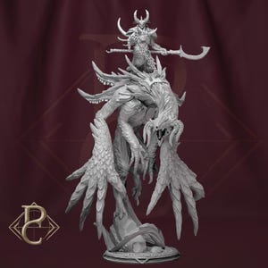 May include: A detailed, grey fantasy sculpture of a horned figure riding a monstrous creature. The rider holds a curved blade, and the creature has large, feathered wings and sharp claws. The sculpture is set against a burgundy background.
