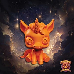 May include: Orange figurine of a seated unicorn with large eyes, a spiralled horn, and a flowing mane and tail. The background features a starry night sky and clouds. The Dungeon Paws logo is in the lower right corner.