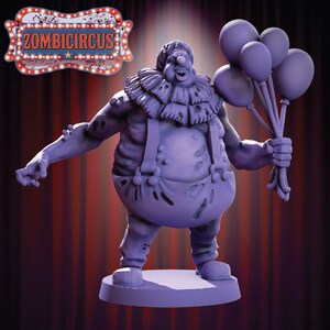 May include: A purple zombie clown figurine holding purple balloons. The clown has a ruffled collar, suspenders, and tattered clothing. The figurine is standing on a base. The sign above the clown reads "ZOMBICIRCUS".