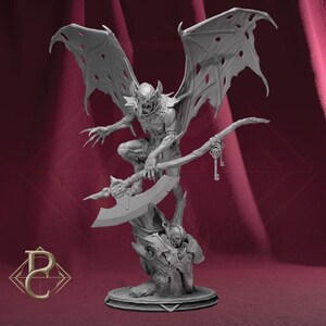 May include: A grey resin miniature figurine of a winged, bat-like creature with sharp teeth and claws. The creature stands on a base, holding a large curved axe in one hand and a set of keys hanging from the handle. The figure has tattered wings.