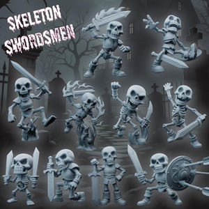 May include: A collection of gray skeleton swordsmen figurines in various action poses, holding swords, knives, and shields. The image includes the text "SKELETON SWORDSMEN" in a spooky font, set against a graveyard backdrop.