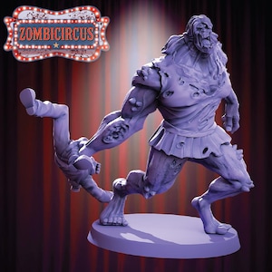 May include: A purple zombie figurine with a grotesque appearance, holding a smaller figure. The zombie has exposed flesh and is wearing a torn shirt and skirt. The text "ZOMBICIRCUS" is displayed above the figures in a marquee-style design.