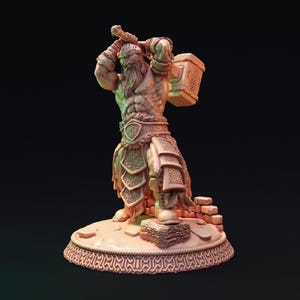 May include: A detailed figurine of a muscular warrior with a long beard, raising a large hammer. The figure is clad in ornate armor and stands on a decorative base with brickwork. The color palette is primarily beige and brown.