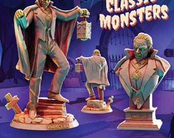 Puede incluir: Un conjunto de figuras de Drácula que incluye un modelo de cuerpo completo sosteniendo una linterna y un busto sobre un pedestal. Ambas figuras visten ropa formal con capa y un medallón. La base de cada modelo tiene el texto DRACULA en mayúsculas.