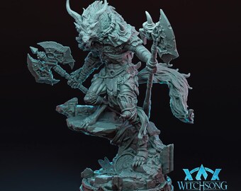 May include: A gray, detailed miniature figurine of a wolf-like creature holding a double-headed axe and a staff. The creature is wearing a fur cloak and has a fierce expression. The figurine is standing on a rocky base with the text "WITCHSONG" printed on the front.