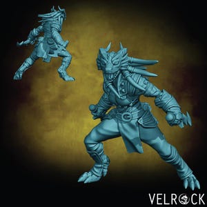 May include: Two light blue fantasy figurines of a humanoid dragon warrior in a dynamic pose. The warrior is wearing armor and has a detailed dragon-like head with horns. The figurines are set against a dark background, with the Velrock logo in the bottom right corner.