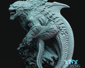 May include: A light blue, detailed figurine of a reptilian creature with a large, scaled body, sharp dorsal fins, and a long, curved tail. The creature is posed in a dynamic stance with an open mouth, standing on a textured base. The text WITCHSONG is visible.