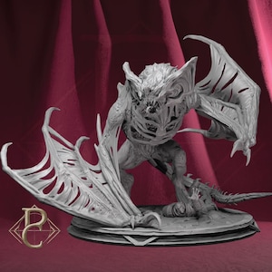 May include: A gray resin miniature figure of a winged, skeletal creature with exposed ribs and sharp claws, standing over a fallen figure on a circular base. The creature has large, tattered wings and a snarling face. A gold PC logo is in the corner.