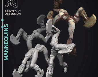 May include: A group of stylized mannequins in various poses, each holding a large, flat, circular blade. The mannequins are in a gray color, with some having a flesh-toned appearance. The text "MANNEQUINS" is vertically aligned on the left side.