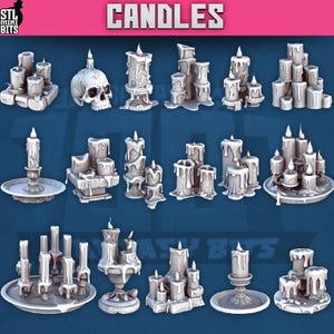 Puede incluir: Una colección de varias velas blancas con diseños de cera derretida. Algunas velas están agrupadas, mientras que otras están sobre pedestales o bandejas. La palabra "CANDLES" se muestra en letras grandes y en negrita en la parte superior de la imagen.